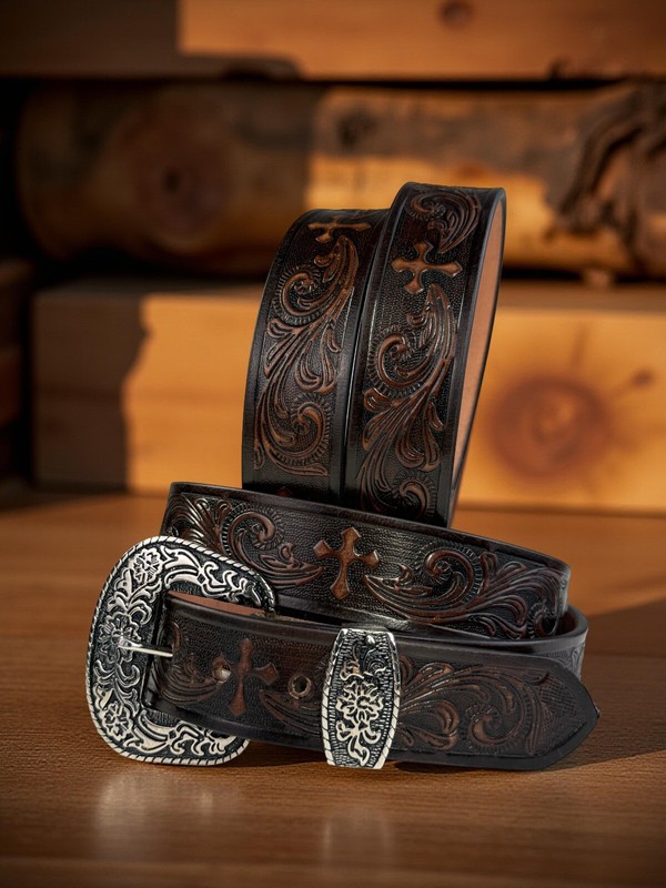 Western Belt Cowboy Rodeo Full Grain Leather Hand Tooled Removable Buckle
