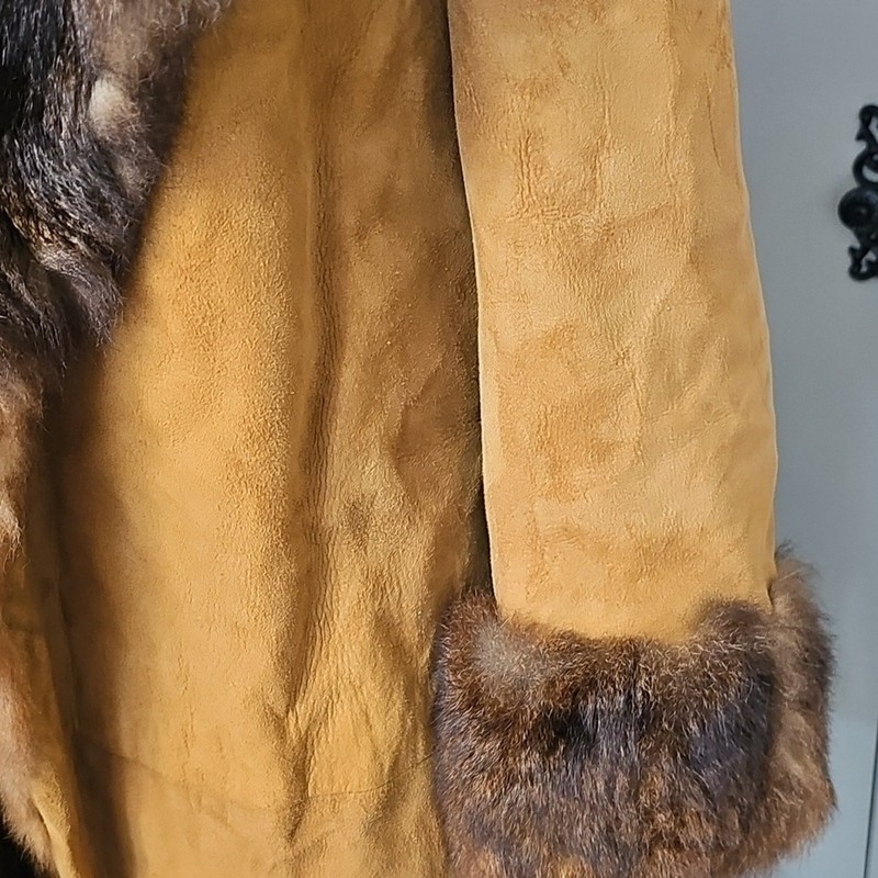 Vtg Camel Faux Fur-Trimmed Leather Coat Womens 14 Penny Lane 70s Afghan Hippie gallery