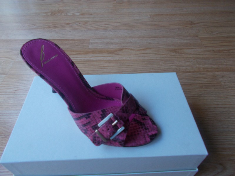$295 Brian Atwood Maritima Snake Print Sandals Mules Pink Buckle Heels sz 8 NEW gallery