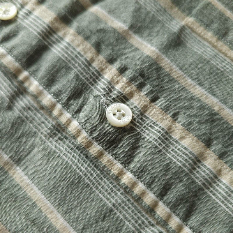 NWOT BEAMS Plus Made in Japan Cotton Flax Band Collar Popover Shirt Olive Small gallery