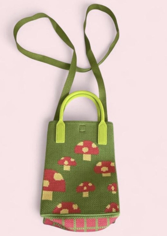 Green Mushroom Pattern Mini Crossbody Bag w/ Adjustable Detachable Strap Button