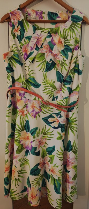 dressbarn White Tropical Floral Mini Dress Women’s 16 Scoop Neck Zip Belted