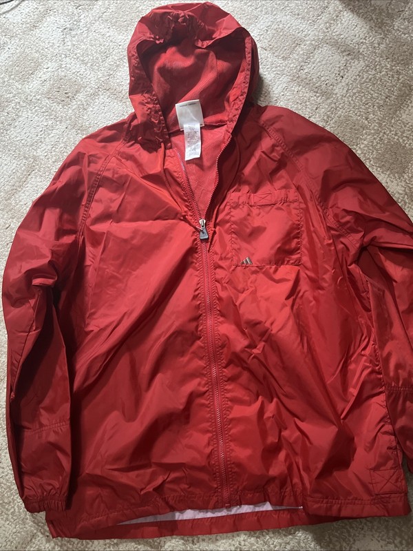 adidas red/grey hooded windbreaker size L (vintage 90s)