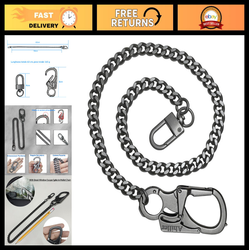 Heavy Duty Wallet Chain for Men, Lockable Carabiner, Tungsten Steel Key Belt