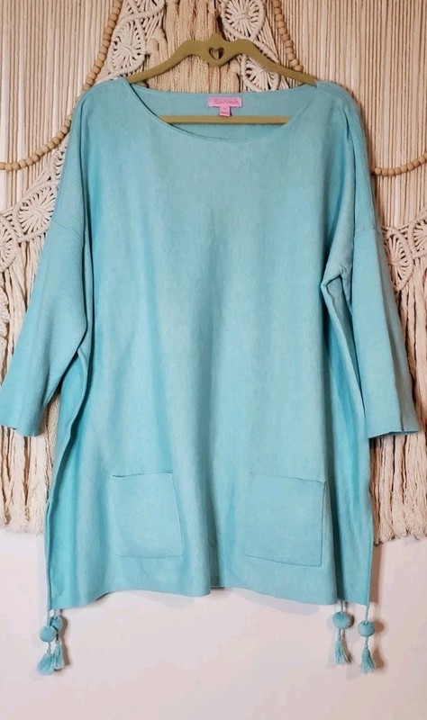 Lilly Pulitzer Elba Sweater Tunic Seasalt/Lagoon Blue SZ M 3/4 sleeve gallery
