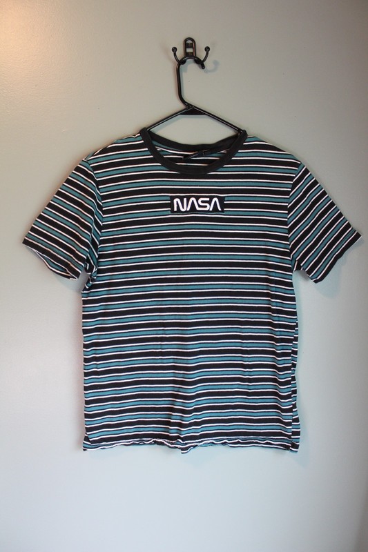 NASA Hyper Space Horizontal Striped T Shirt Turquoise Black White Size Medium