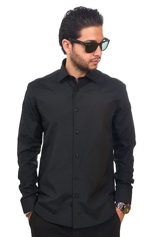 New Mens Dress Shirt Solid Black Tailored Slim Fit Wrinkle Free Cotton AZAR MAN