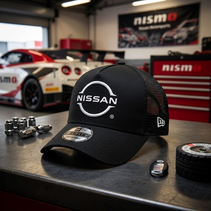 Nissan Logo Embroidered 9FORTY Trucker Hat Black Mesh Snapback Cap