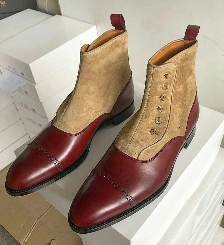 Handmade Men’s Two Tone Button Boots Burgundy Beige Leather Suede Ankle Dress