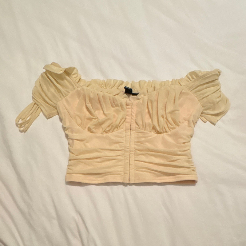 Windsor Beige Off-Shoulder Ruched Cropped Top Mesh Puff Sleeve Stretch M