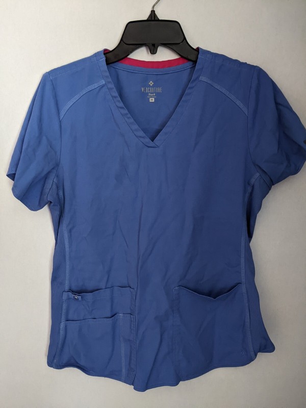 Med Couture Touch V Neck Scrub Top Blue Short Sleeve Sz Medium Work Wear Nurse