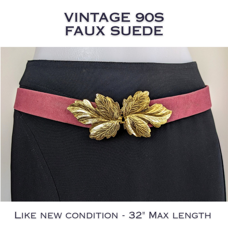 Vintage 90s Statement Belt Womens Raspberry Faux Suede Gold Leaf Buckle Bold
