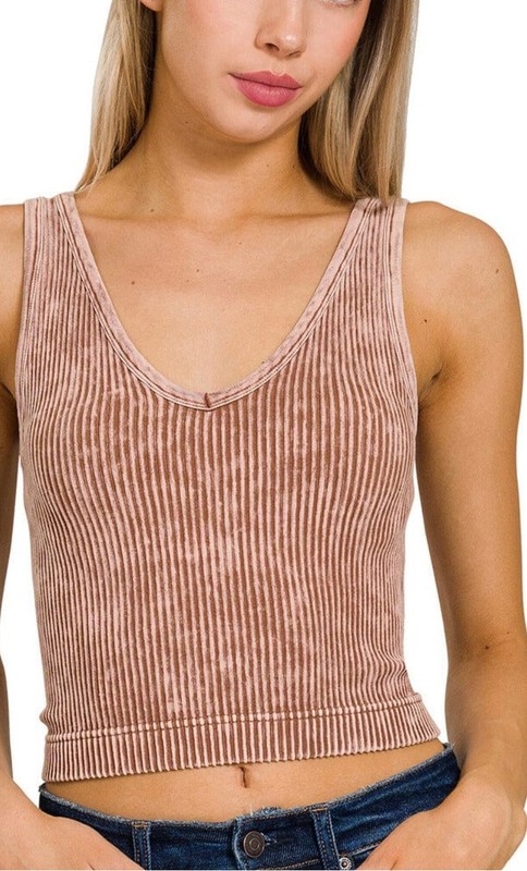 Zenana Women’s Deep Camel Ribbed Mineral Wash Cropped Tank Top 6187A Size S/M