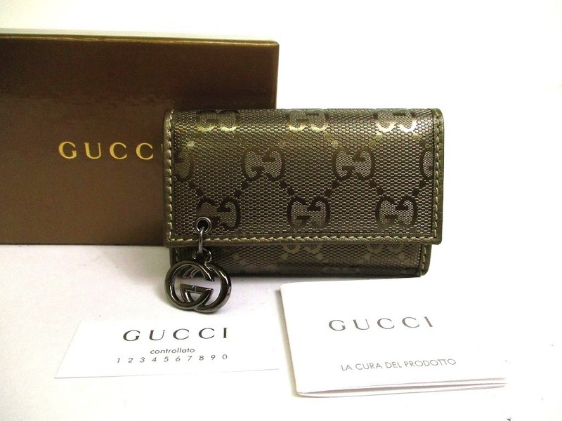 Auth GUCCI GG Imprimee Metallic Brown Leather 6 Pics Key Chain #b227