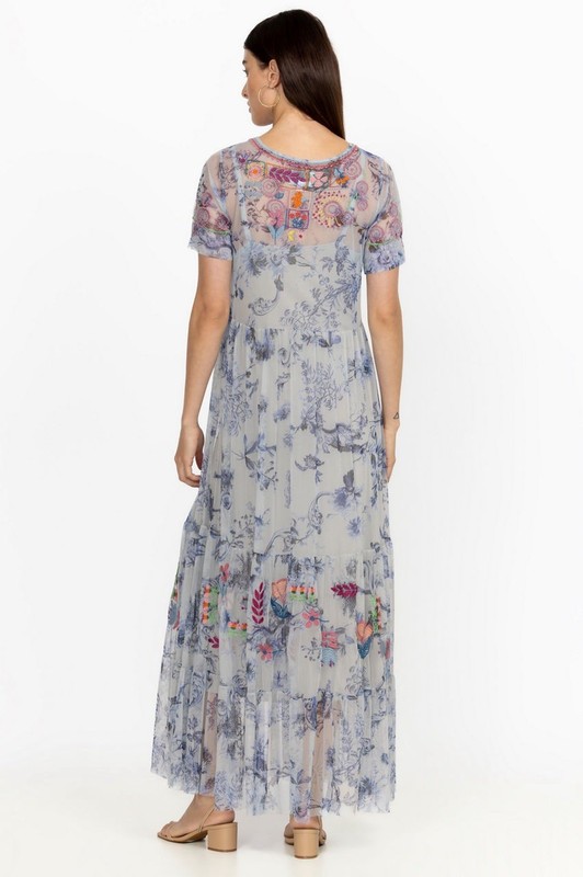 Johnny Was Logan Embroidered Mesh Tiered Maxi Dress Sz Medium Boho Floral Fairy