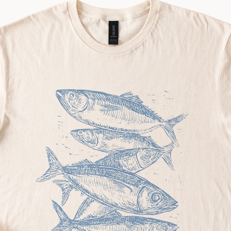 Sardines Engraved Line Art Graphic Tee Natural Vintage Illustration