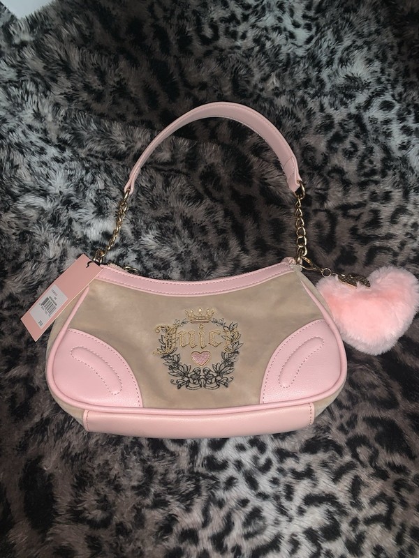 Juicy Couture Heritage Shoulder Bag Pink/Beige Velour Chain Logo Charm Gold