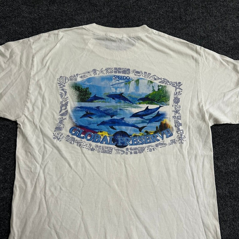 Speedo T-Shirt Mens Size Large White Global Preserve Dolphin Graphic Cotton Tee