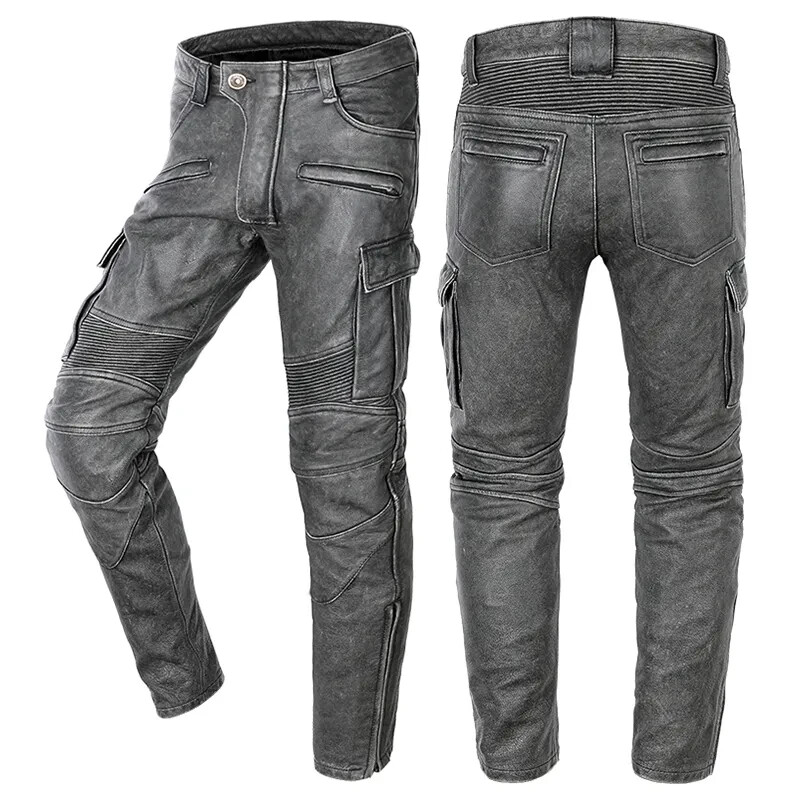 Men's Real Distressed Leather Bikers Pants Cargo Pockets & Pleated Panels Pants gallery