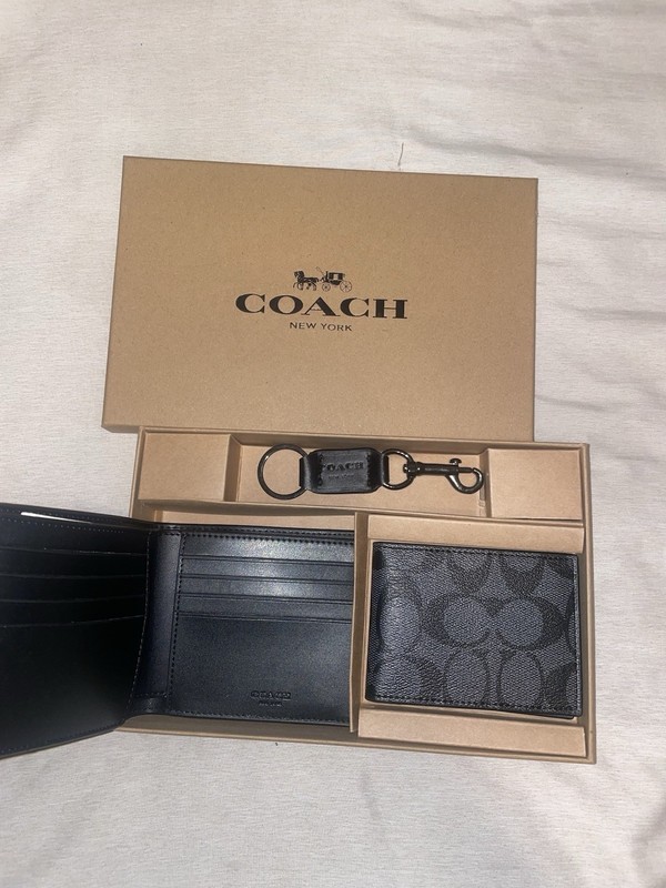 Coach Men's 3-in-1 Wallet Set Signature Black/Black/Oxblood NWT Box Included New gallery