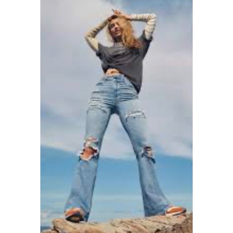 American Eagle Next Level Stretch Distressed Flare Jeans Blue 00 Long High Rise