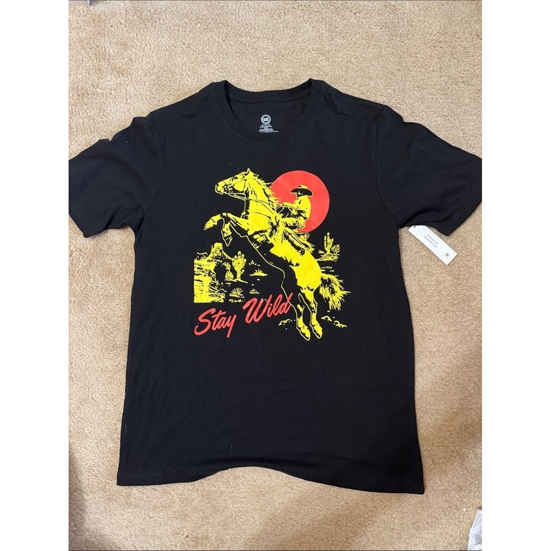 wonder nation Black Tee with Yellow Cowboy & Red Sun Graphic