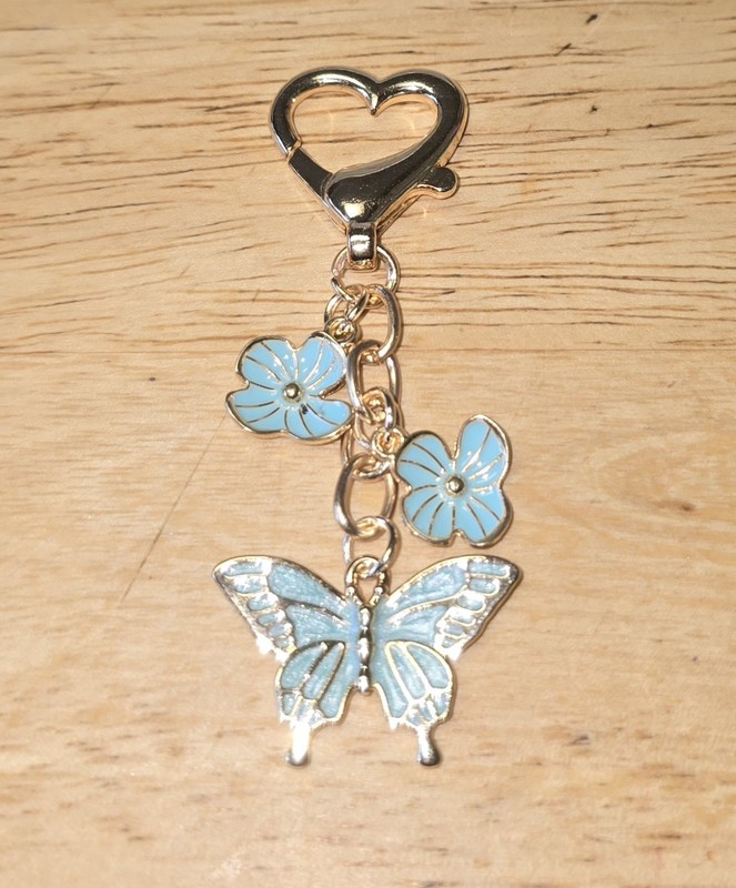 Enamel Turquoise Color Butterfly And Flowers Purse Charm Gold Tone Key Chain