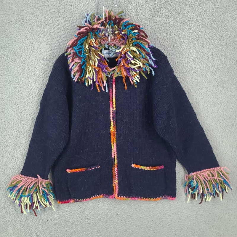 The Sweater Venture Sweater Women Medium Wool Alpaca Hand Knit Chunky Fringe Zip