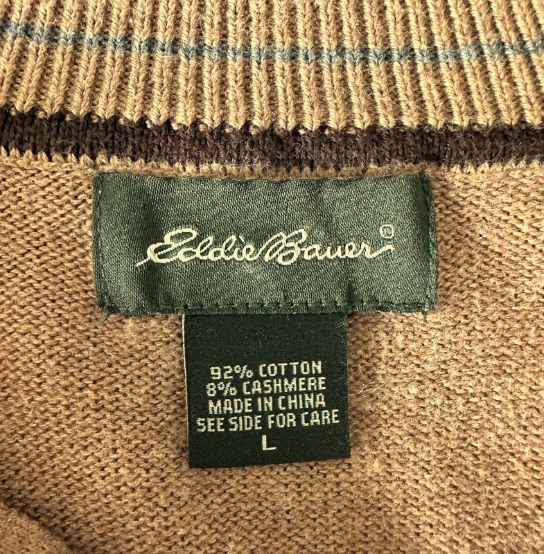 Eddie Bauer Mens Large Cotton Cashmere Quarter Zip Sweater Camel Brown gallery
