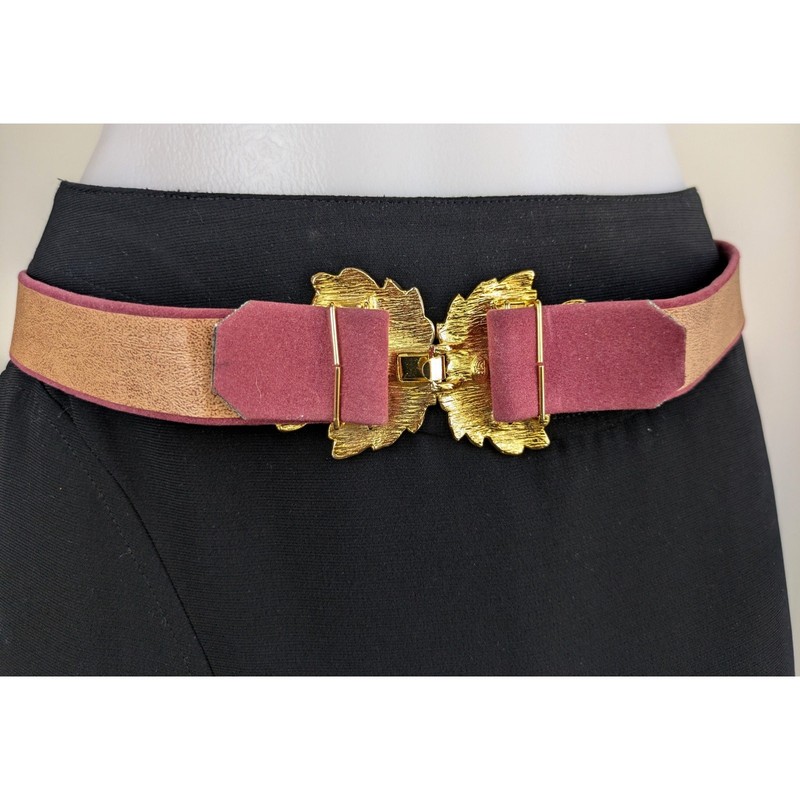 Vintage 90s Statement Belt Womens Raspberry Faux Suede Gold Leaf Buckle Bold gallery