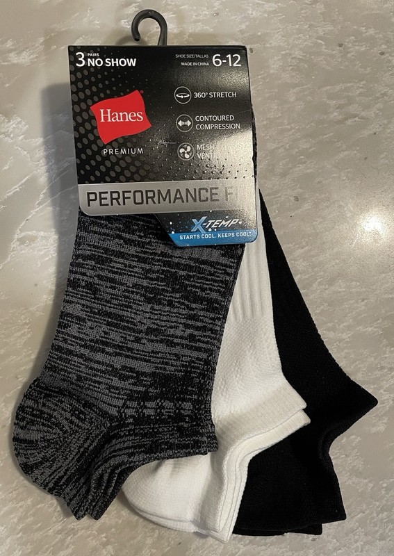 Hanes X-Temp Performance Fit No-Show Socks 3-Pair Black/White/Gray 6-12