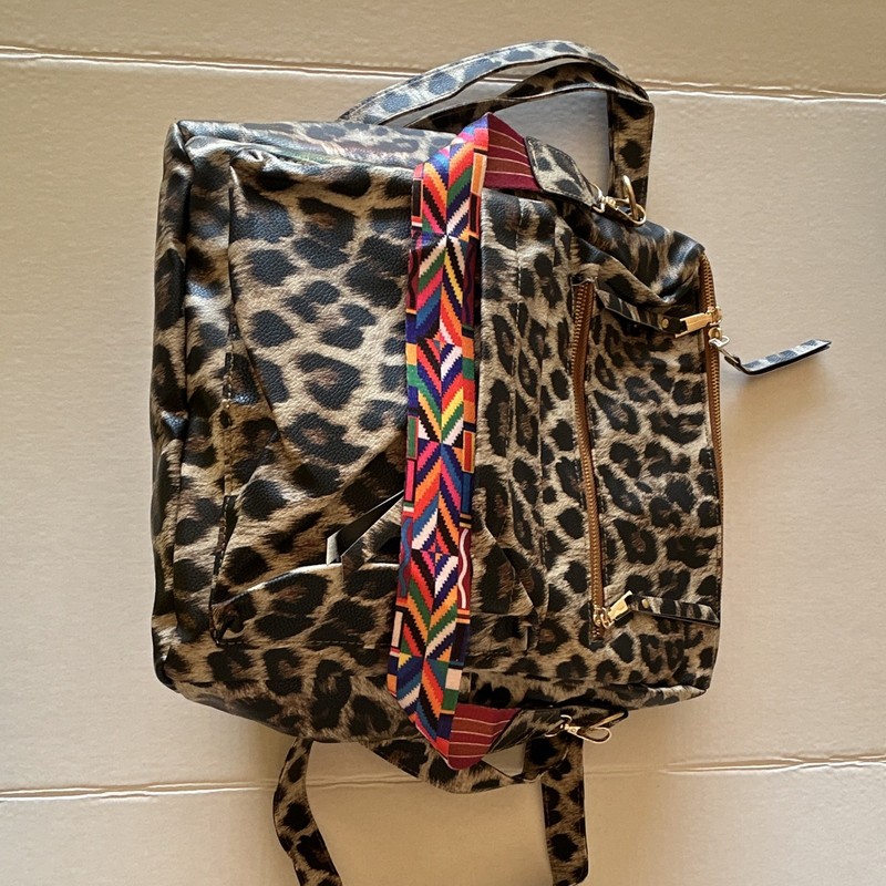 Leopard Print Women’s Large Backpack w/ Multicolor Adjustable Strap Front Pocket