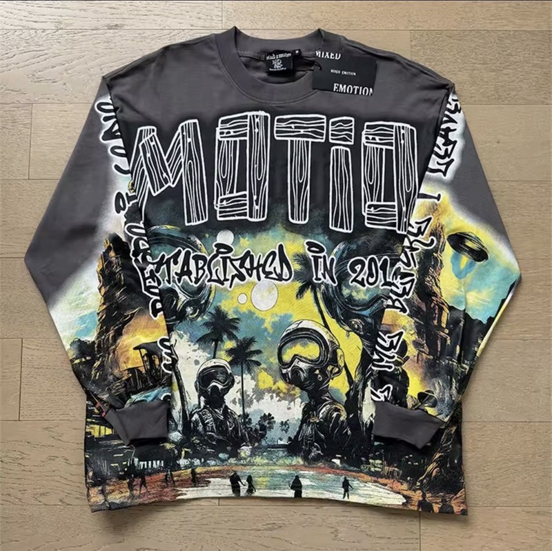 🚀 Mixed Emotion Graphic Long Sleeve Tee Y2K Streetwear Oversized Shirt