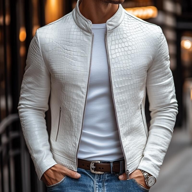 Men’s White Sheep Skin Stone Pattern Designer Jacket Genuine Leather White Coat