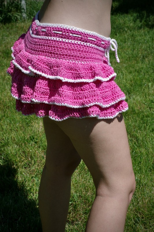 Handmade Crochet Ruffle Mini Skirt Tiered Pink White Summer Festival Drawstring gallery