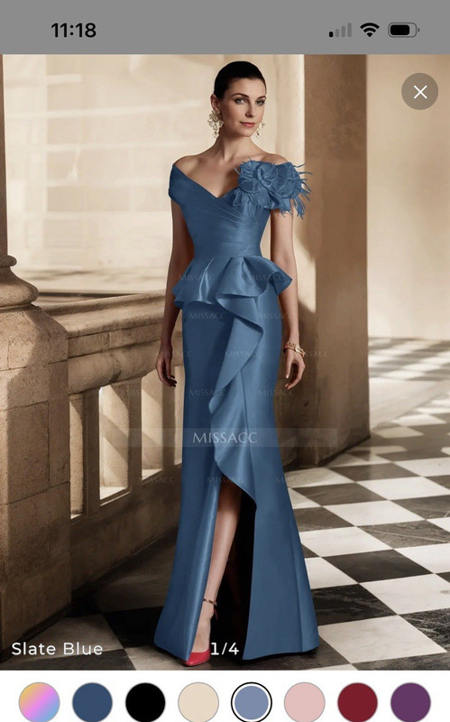 MISSACC Slate Blue One-Shoulder Off Shoulder Cap Sleeve Dress w/ Applique