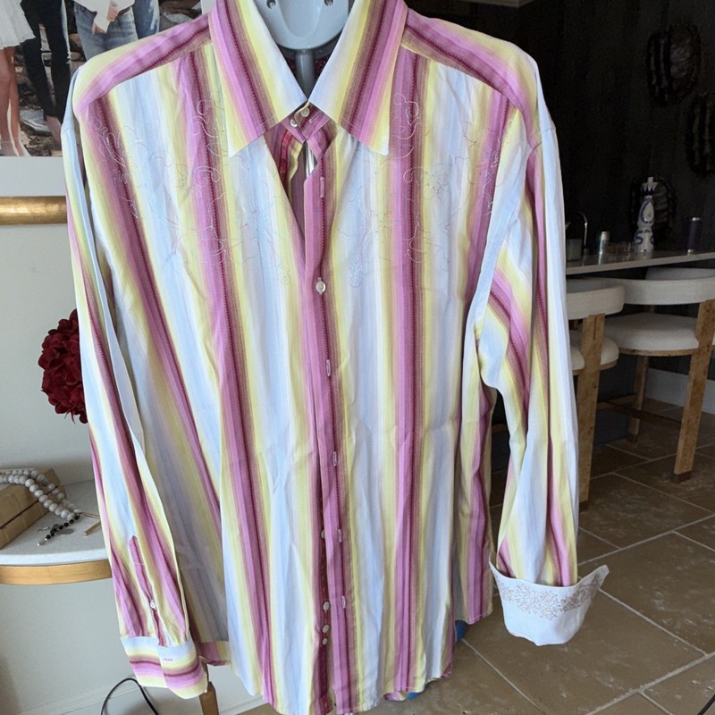 Men’s M Cotton Multicolor Striped Button Front Dress Shirt 32/33 Emb Cuffs
