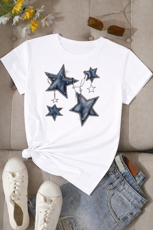 Denim Texture Stars print T-Shirt | Chic Patchwork Aesthetic White Tee
