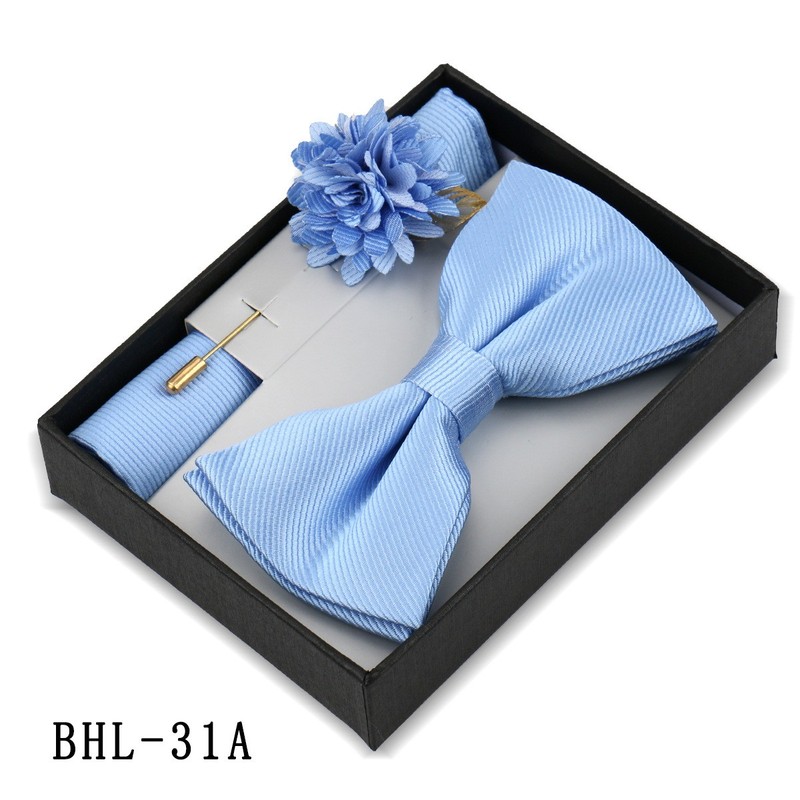 Mens Bow Tie Pocket Square Pin Wedding Groom Formal Set with Box