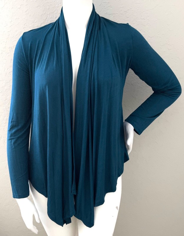 Moa Collection Cascading Open Front Drape Neck Cardigan Teal Plus 1XL 2XL 3XL