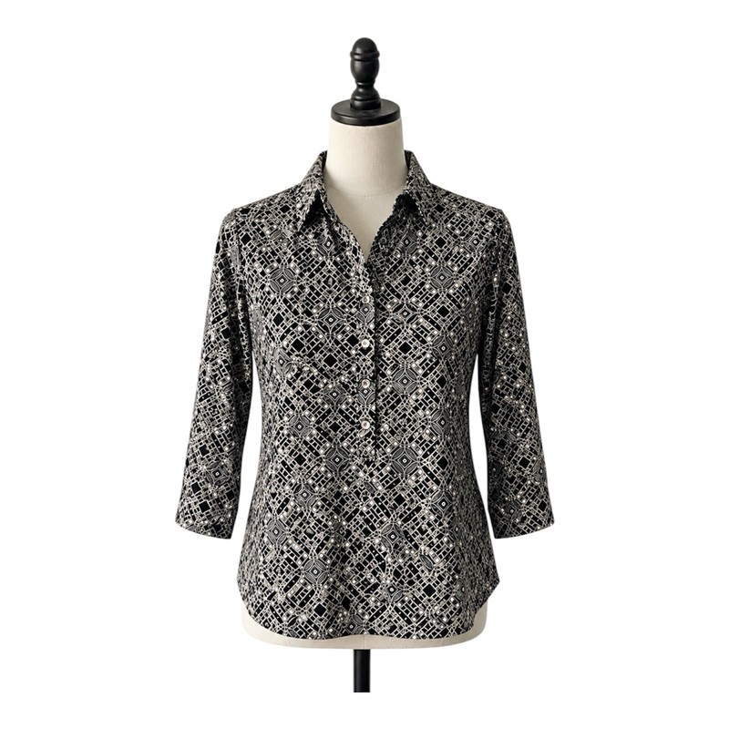 Charter Club Women’s Monochrome Geometric Half Button Blouse Size S