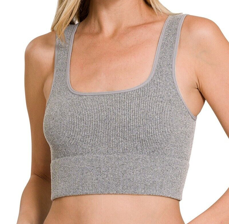 Seamless Ribbed Square Neck Cropped Tank Top Nylon Blend Sleeveless Crop Top