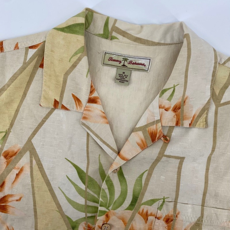 Tommy Bahama Mens Medium Silk Aloha Shirt Floral Print Beige Orange Green
