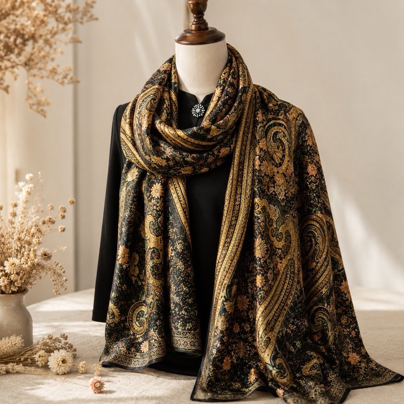 Vintage Paisley Floral Shawl Scarf Black Gold Wrap Boho Scarf 35 x 71 Inches