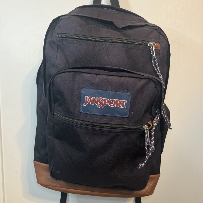 90’s JanSport Black Brown Solid Backpack, Zip, Pockets, Adjustable Straps Vintag