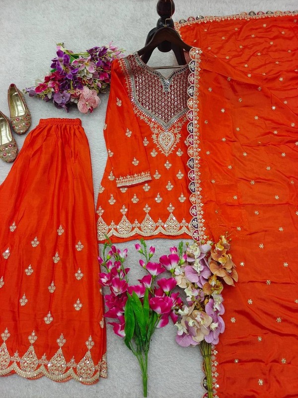 Launching New Orange Chinnon Silk Kurta Palazzo With Dupatta For Women gallery