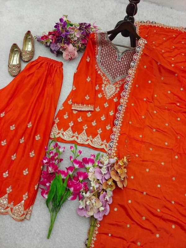 Launching New Orange Chinnon Silk Kurta Palazzo With Dupatta For Women gallery
