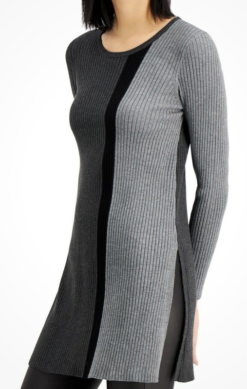 ALFANI COLORBLOCKED SLIT TUNIC SWEATER STRIPED GRAPHITE HEATHER GRAY SZ SMALL
