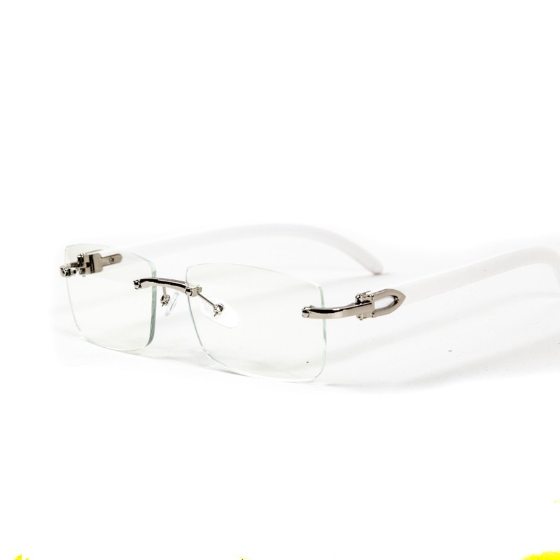 White Wood Grain Rimless Clear Lens Rectangular Silver Frame Clear Glasses gallery