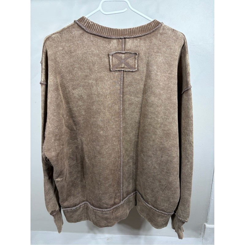 Zenana Mineral Wash Oversized Sweatshirt Raw Seam Acid Wash Mocha Brown M gallery